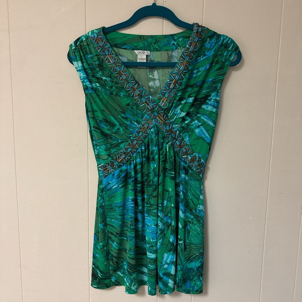 Cache Green Blue Beaded y2K – V-Neck Sleeveless top